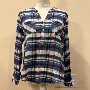 Lucky Brand blue, white, pink, plaid button down shirt, no collar, size Medium